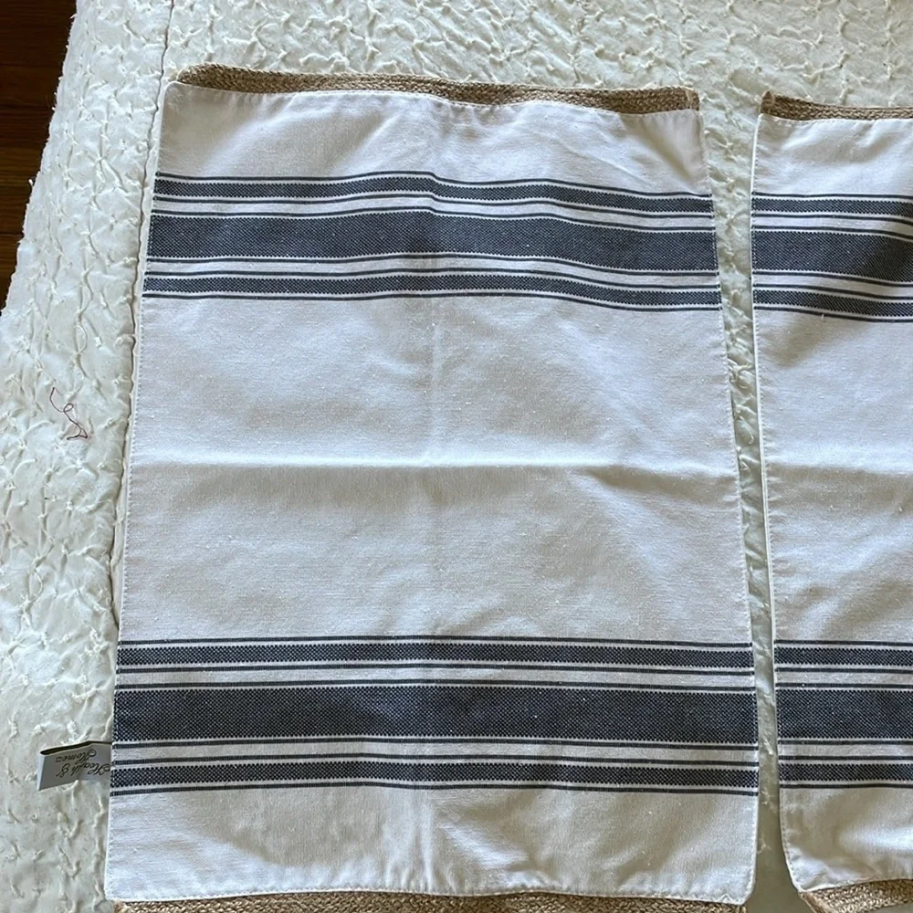 Hearth and home placemats. Blue & white striped. Braided twine detail. Lot of 2.